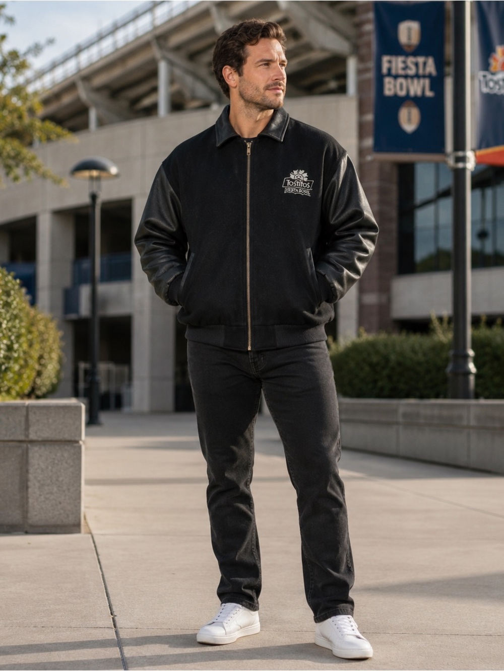 iD Wear Tostitos Fiesta Bowl Men’s XL Wool Leather Bomber Jacket Vintage Black
